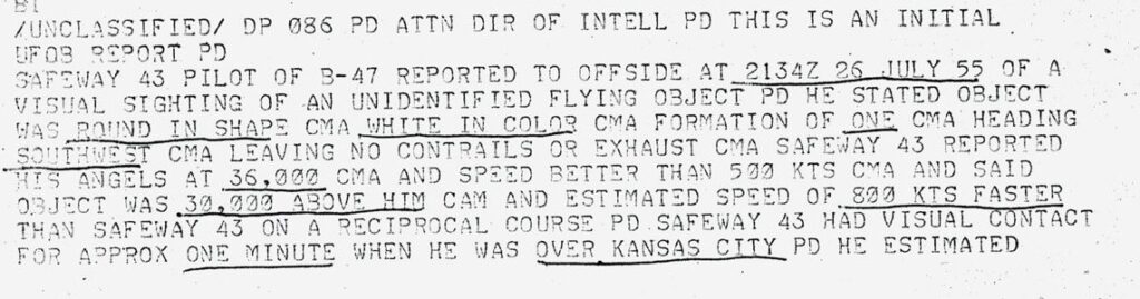 Excerpt from a UFO report from the U.S. Air Force, 1955.